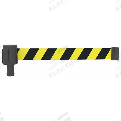 BANNER STAKES Retractable Belt Head: Black/Yellow, 42 in Overall Ht, 15 ft Belt Lg - Replacement Belt Cassettes