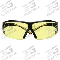 SECUREFIT Safety Glasses: Amber Lens, Frameless, Scotchgard™ Anti-Fog, Black/Yellow Frame (MPN SF403XSGAF-YEL). Key specifications — Brand: SECUREFIT; Frame Color: Black/Yellow; Lens Color: Amber; Lens Properties: Advanced Anti-Fog.