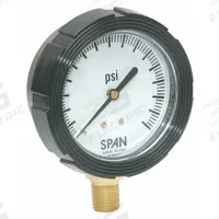 SPAN Pressure Gauge with Internal Seal: 0 psi to 60 psi, LFS-210, 2 1/2 in Dial, Buna-N, Brass, IP65 (MPN LFS-210-60-G-KEMX). Key specifications — Brand: SPAN; Gauge Case Liquid: Glycerin; Seal Fill Liquid: Instrument Oil; Seal Lower Housing Material: Brass; Accuracy: ±1.00%; Gauge Wetted Parts: Brass / Copper.