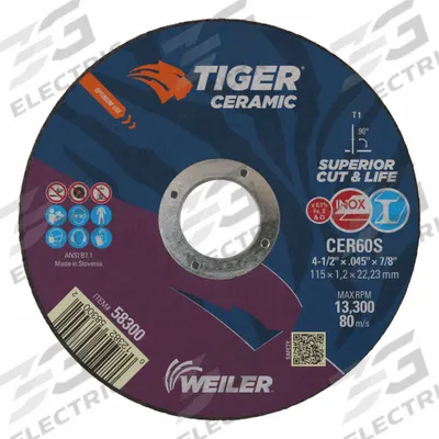 WEILER Abrasive Cutoff Wheel: Type 1, 4 1/2" x 0.045" x 7/8", Ceramic, 60 Grit - Cool-Cutting Cut-Off Wheels for Carbon & Stainless Steel