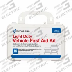 FIRST AID ONLY First Aid Kit: Vehicle, 10 People Served, 88 Components, Plastic (MPN 91150). Key specifications — Adhesive Bandages Included: (16) 1 in x 3 in Adhesive Plastic Bandages; Application: Vehicle; Brand: FIRST AID ONLY; Housing Color: White; Housing Material: Plastic; Includes Oral or Inhalant Medication: No Medication Included; Mountable: Wall Mount; Oral and Inhalant Medicinals Included: (1) Eye Wash.