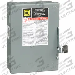 SQUARE D Safety Switch: Non-Fusible, 30 A, Three Phase, 240V AC, Galvanized Steel, Indoor (MPN DU321). Key specifications — attr867131: SQUARE D.