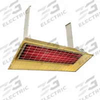 FOSTORIA Infrared Overhead Electric Heater: 9500 W Watt Output, 480V AC, 1/3 Phase, Hardwired, Gold (MPN P95-FSS-3). Key specifications — Wattage Output: 9500 W; Voltage: 480V AC; Brand: FOSTORIA; Electrical Connection: Hardwired; Element Type: Flat Panel Emitter; Housing Color: Gold; Housing Material: Aluminum; Overall Dimensions - L x W x D: 49 in x 20 in x 7-3/4 in.