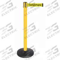 QUEUEWAY Barrier Post with Belt: Yellow, No Pattern, Cleaning in Progress, 10 ft Belt Lg, Yellow (MPN QPLUS-35-YC). Key specifications — attr981468: ABS; attr981465: Yellow; attr981461: QUEUEWAY; attr981440: Metal Alloy; attr981443: Yellow; attr981449: Cleaning in Progress; attr981448: Black.