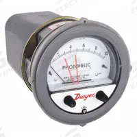 DWYER Differential Pressure Gauge & Switch: Single-Side, 1/8 in NPT Female, ±2% Gauge Accuracy (MPN A3210). Key specifications — Sensor Type: Diaphragm; Series: A3000 Photohelic; Housing Material: Die Cast Aluminum; Certificate of Calibration: Not Included; Gauge Accuracy: ±2%.