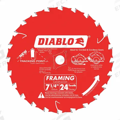 DIABLO Circular Saw Blade: 7 1/4 in Blade Dia., 24 Teeth, 0.06 in Cut Wd, 5/8 in Arbor Size - Wood-Cutting Blades