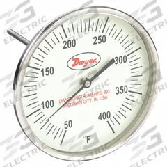 DWYER Glow-in-the-Dark Dial Thermometer: 50°F to 400°F, +/- 1% Accuracy, 5 in Dial Dia, Male (MPN GBTA560121). Key specifications — attr1275048: +/- 1%; attr1275052: DWYER.