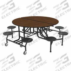 PALMER HAMILTON Cafeteria Stool Table: Montana Walnut, Stool Seat, 29 in Overall Ht, Circle, Black (MPN 59T122960RD-S8MWTB). Key specifications — Tabletop Structural Material: Industrial Grade High Pressure Laminate with Particleboard Core; Tabletop Surface Material: Laminate.