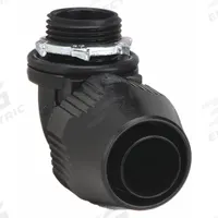 Liquid-Tight Conduit Fitting: Plastic, 1 1/4 in Trade Size, Insulated, 90° Elbow (MPN LT9125P). Key specifications — Insulated: Insulated; Box Connection: 1-1/4 in MNPT; Hazardous Location Rating: Class I, Division 2; Brand: THOMAS & BETTS.
