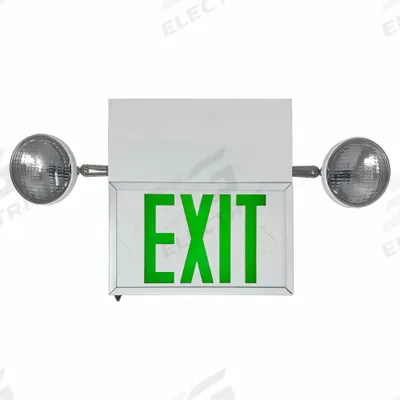 BIG BEAM Combo Exit Sign - Extended Run Time: White, 2 Faces, Green, LED, Remote Capable - Steel Exit Signs with Round Side-Mount Light Heads