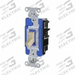 HUBBELL Wall Switch: Toggle Switch, 3-Way, Maintained, Ivory, 120/277V AC, 15 A (MPN HBL1203STI). Key specifications — Illuminated: No; Voltage Rating: 120/277V AC.