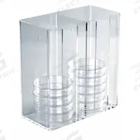 Bin: 4 1/4 in Overall Wd, 9 1/4 in Overall Ht, 8 3/4 in Overall Lg, Acrylic, Clear, 2 Compartments (MPN HS23452). Key specifications — Material: Acrylic; Mounting Location: Benchtop; Color: Clear; Product Type: Storage Bin; Total Holding Capacity: 30 x 100 mm Dishes; Brand: HEATHROW SCIENTIFIC.