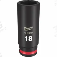 MILWAUKEE Deep Impact Socket: 3/8 in Drive Size, Metric, 18 mm Socket Size, 6-Point, Deep, Friction (MPN 49-66-6160). Key specifications — attr1215501: MILWAUKEE; attr1215515: Black Phosphate; attr1215518: 18 mm.