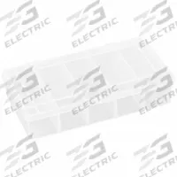 FLAMBEAU Compartment Box: 3 1/2 in x 5 7/8 in x 1 3/8 in, Clear, 5 Compartments, 0 Adj Dividers (MPN T155). Key specifications — ESD Conductive: Not Electrostatic Discharge Conductive; Color: Clear; Compartment WxD: (5) 1 in x 2-7/8 in; Brand: FLAMBEAU; Material: Plastic.