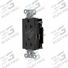 HUBBELL Receptacle: Decorator Duplex, 5-20, Black, 125V AC, 20 A, 2 Pole / 3 Wire (MPN DR20STBK)