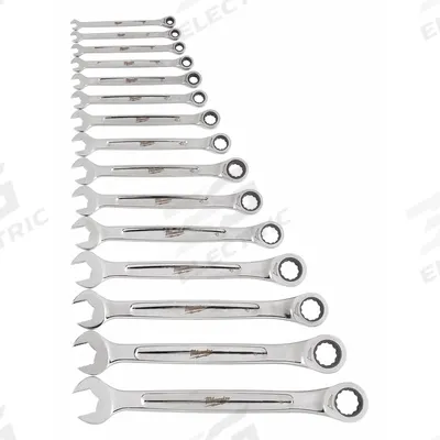 MILWAUKEE Combination Wrench Set: Alloy Steel, Chrome, 15 Tools - SAE 12-Point Ratcheting Combination Wrench Sets