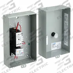 EATON IEC Magnetic Motor Starter: Non-Reversing, 3 Poles, Electronic Protection, 32 A, 240V AC (MPN ECX09H1BAA-R63/D). Key specifications — Brand: EATON; Pilot Lights Included: None; Auxiliary Contacts Included: 1NO/1NC.