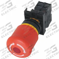 EATON Emergency Stop Push Button: Illuminated, Mushroom Head Profile, Non-Metallic, 22 mm, 1NC (MPN M22-PVLT-K01-R). Key specifications — Brand: EATON; Action: Maintained; Series: M22; Push Button Material Type: Non-Metallic.