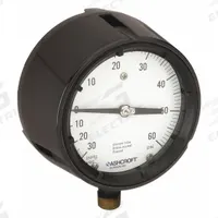 ASHCROFT Process Compound Gauge: 0 psi to 60 psi, White, 4 1/2 in Dial, 1/2 in NPT Male, Bottom (MPN 451279AS04LV/60#). Key specifications — Brand: ASHCROFT; Pointer Color: Black; Accuracy: ±0.5%; Dial Color: White; Gauge Wetted Parts: Brass / Bronze; Case Material: Phenolic; Vibration Resistance Properties: None; Pressure Range: 0 psi to 60 psi.