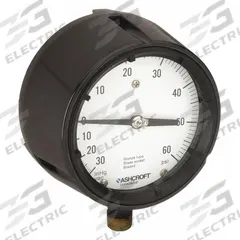 ASHCROFT Process Compound Gauge: 0 psi to 60 psi, White, 4 1/2 in Dial, 1/2 in NPT Male, Bottom (MPN 451279AS04LV/60#). Key specifications — Brand: ASHCROFT; Pointer Color: Black; Accuracy: ±0.5%; Dial Color: White; Gauge Wetted Parts: Brass / Bronze; Case Material: Phenolic; Vibration Resistance Properties: None; Pressure Range: 0 psi to 60 psi.
