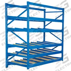 VESTIL Gravity Flow Rack: Starter, 96 in x 36 in, 84 in Overall Ht, Tilted, 5 Shelves, 14 ga Shelves (MPN FLOW-3-5). Key specifications — Color: Blue; Shelving Angle: Tilted; Method of Construction: Bolt-Together; Brand: VESTIL.
