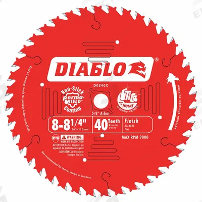 DIABLO Circular Saw Blade: 8 1/4 in Blade Dia., 40 Teeth, 0.09 in Cut Wd, 5/8 in Arbor Size - Wood-Cutting Blades