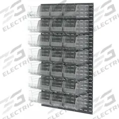 AKRO-MILS Louvered Panel: 61 in x 36 in x 8 3/4 in, 1 Sides, 24 Bins, Gray (MPN 30161240SC). Key specifications — Bin Style: Hang and Stack; Color: Gray; Bin Color: Clear; Finish: Powder Coated; Brand: AKRO-MILS.