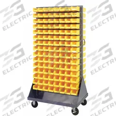 QUANTUM STORAGE SYSTEMS Mobile Louvered Floor Rack: 36 in x 24 in x 72 in, 240 Bins Included, Yellow (MPN QMD-36H-220YL). Key specifications — Bin Width: 4-1/8 in; Color: Gray; Caster Wheel/Configuration: (2) Swivel; Caster Wheel/Tread Material: Hard Rubber; Bin Color: Yellow; Bin Depth: 7-3/8 in; Bin Height: 3 in; Brand: QUANTUM STORAGE SYSTEMS.