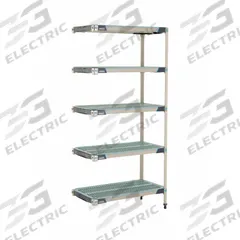 METRO Plastic Industrial Shelving: 18 in x 36 in, 74 in Overall Ht, 5 Shelves, Antimicrobial (MPN 5AX337GX3). Key specifications — Resistance Properties: Antimicrobial; Frame Material: 304 Stainless Steel; Shelving Material: 304 Stainless Steel; Brand: METRO.
