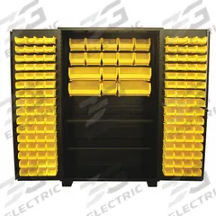JAMCO Bin Cabinet: 48 in x 24 in 78 in, 2 Shelves, 144 Bins, Yellow, Flush, 14 ga Panel, Black (MPN DX248BL). Key specifications — Bin Color: Yellow; Bin HxWxD: (12) 7 in x 8-1/4 in x 11 in; Assembled: Assembled; Cabinet Style: Shelf and Bin; Brand: JAMCO; Cabinet Color: Black; Cabinet Finish: Powder Coated; Cabinet Material: Steel.