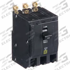 SQUARE D Miniature Circuit Breaker: 100 A, 120/240V AC, Three Phase, 10kA at 120/240V AC, 3 Poles (MPN QOB3100). Key specifications — Phase: Three; Amps: 100 A; AC Voltage Rating: 120/240V AC; Max. AIR Rating: 10kA at 120/240V AC; For Use With: Square D NQOD Panelboards; Brand: SQUARE D.
