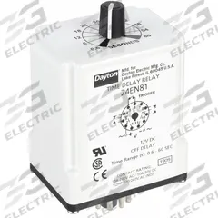 DAYTON Single Function Time Delay Relay: Socket Mounted, 12V DC, 10 A, 11 Pins/Terminals, Off Delay (MPN 24EN81). Key specifications — Brand: DAYTON.