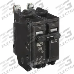 GE Miniature Circuit Breaker: THQB, 15 A, 120/240V AC, Single Phase, 10kA at 120/240V AC, Std (MPN THQB2115). Key specifications — attr195972: 15 A; attr195973: 120/240V AC; attr195974: Single; attr195975: 10kA at 120/240V AC; attr195976: Lighting Panels.