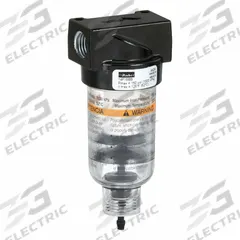 PARKER Filter: Particulate, 1/4 in NPT, 5 micron, 24 scfm, 150 psig Max Op Pressure, Plastic Bowl (MPN 14F15BB). Key specifications — attr110055: 14; attr110024: Auto Pulse Drain; attr110008: PARKER.