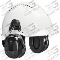 3M PELTOR Electronic Ear Muffs: Hard Hat-Mounted Earmuff, 23 dB NRR, 3.5mm Stereo, Listen, Black (MPN MT13H221P3E). Key specifications — Cup Color: Black; Intrinsically Safe: No; Connection Type: 3.5mm Stereo; Compatible with Series: Slotted Front-Brim Hard Hats; Two-Way Radio Communication Type - MERCH: Listen Only; Brand: 3M PELTOR; Foldable: No; Compatible Hard Hats: Slotted Front-Brim Hard Hats.