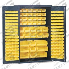 VALLEY CRAFT Bin and Shelf Cabinet: 48 in x 24 in 78 in, 0 Shelves, 147 Bins, Yellow, Flush, Gray (MPN F87843A3). Key specifications — Bin Color: Yellow; Bin HxWxD: (13) 7 in x 8-1/4 in x 14-3/4 in; Assembled: Assembled; Cabinet Style: Shelf and Bin; Brand: VALLEY CRAFT; Cabinet Color: Gray; Cabinet Finish: Powder Coated; Cabinet Material: Steel.