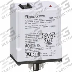 SCHNEIDER Single Function Time Delay Relay: Socket Mounted, 120V AC, 10 A, 8 Pins/Terminals (MPN 9050JCK60V20). Key specifications — Contact Rating (AC): 10 A @ 120/240V; Brand: SCHNEIDER.