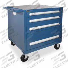 VIDMAR Modular Drawer Cabinet: 30 in x 27 3/4 in x 35 in, 4 Drawers, Pull, Adj Dividers, Casters (MPN RP1421A-MBKABB). Key specifications — Cabinet Color: Bright Blue; Frame Assembled: Assembled; Base Type: Casters; Drawer Inside Height: (1) 4-1/2 in; Drawer HxWxD: (1) 2-1/4 in x 27-1/2 in x 25-1/8 in; Work Surface Material: Steel; Drawer Handle Type: Pull; Cabinet Material: Steel.