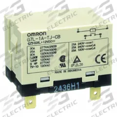 OMRON Enclosed Power Relay: Bracket Mounted, 30 A Current Rating, 12V DC, SPST-NO, 4 Pins/Terminals (MPN G7L-1A-TJ-CB-DC12). Key specifications — Brand: OMRON; Base Type: Square; Mounting Style: E-Bracket; Electrical Connection: Quick-Connect; Manufacturer Part Number: G7L-1A-TJ-CB-DC12; Operating Current: 30 A; Series: G7L Series; Relay Bracket Type: E-Bracket (Sold Separately).