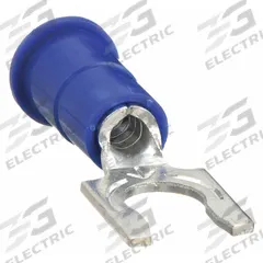 3M Fork Terminals: Blue, Vinyl, #10 Stud Size, 16 AWG – 14 AWG Wire Range, Locking Fork, 1,000 V (MPN MV14-10FLX). Key specifications — Barrel Style: Funnel Entry; Manufacturer Part Number: MV14-10FLX; Brand: 3M.