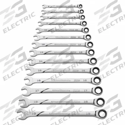GEARWRENCH Combination Wrench Set: Alloy Steel, Chrome, 14 Tools - Metric 12-Point Ratcheting Combination Wrench Sets