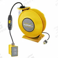 HUBBELL WIRING DEVICE-KELLEMS Extension Cord Reel: Ratchet Lock, 35 ft Cord Lg, 14 AWG, SJO, 5-15P (MPN HBLI35143GF215Y). Key specifications — Retractable Cord Ending NEMA Configuration: 5-15R; Feeder Cord Ending NEMA Configuration: 5-15P; Brand: HUBBELL WIRING DEVICE-KELLEMS.