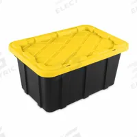 STERILITE Storage Tote: 17 gal, 26 7/8 in x 18 1/8 in x 12 1/2 in, Black Body, Yellow Lid, Yellow (MPN 50639Y06). Key specifications — Material: Plastic; Body Color: Black; Lid Color: Yellow; Brand: STERILITE; NSF Certified: Not NSF Certified; Nestable: Nesting Capable.