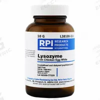 RPI Lysozyme from Chicken Egg White: 10 g Volume, Powder, Glass (MPN L38100-10.0). Key specifications — Form: Powder; Brand: RPI; Chemical Grade: Lab; Container Material: Glass.