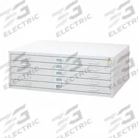 SAFCO PRODUCTS Flat File Cabinet: White, 5 Drawers, 16 1/2 in Overall Ht, 35 3/8 in Overall Dp (MPN 4996WHR). Key specifications — attr988670: Powder Coated; attr988694: Steel; attr988691: Yes; attr988652: SAFCO PRODUCTS; attr988656: White; attr988720: Handle.