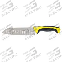 MERCER CUTLERY Santoku Knife: Granton Edge, 7 in Overall Lg, Steel Blade, Yellow Handle, Stamped (MPN M22707YL). Key specifications — Sub-brand: Millennia Colors; Brand: MERCER CUTLERY; Blade Material: Steel; Blade Type: Granton Edge; Forged/Stamped: Stamped; Handle Color: Yellow; Handle Material: Santoprene/Polypropylene; Knife Type: Santoku Knife.