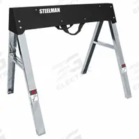 STEELMAN Folding Sawhorse: Fixed Ht, Steel, 25 in Overall Wd, 800 lb Overall Load Capacity (MPN 67102-G). Key specifications — Height Adjustability: Fixed Height; Brand: STEELMAN; Portability: Fold-Up Body; Top Material: Steel; Included Components: Handle; Features: Plated Material Support Pegs; Clamping System: None; Includes: Material Arm.