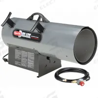 DYNA-GLO Portable Gas Torpedo Heater: 125,000 BtuH Heating Capacity Output, 3,100 sq ft Heating Area (MPN RMC-FA125DGD). Key specifications — Brand: DYNA-GLO; Key Features: Built-In Air Pressure Gauge; Overall Dimensions - H x W x D: 16-1/8 in x 11-13/16 in x 25-9/16 in.