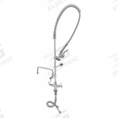T&S BRASS Pre Rinse Faucet: Deck, Single-Post, 1 Mounting Holes, Brass, Chrome - Pre-Rinse Faucets with Spray Spring Hose