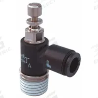 LEGRIS Miniature Flow Control: Elbow Fitting, Screw, 8 mm Valve Body Size, 8 mm Tube, Meter Out (MPN 7665 08 13). Key specifications — attr947203: Technical Polymer; attr947205: LEGRIS.
